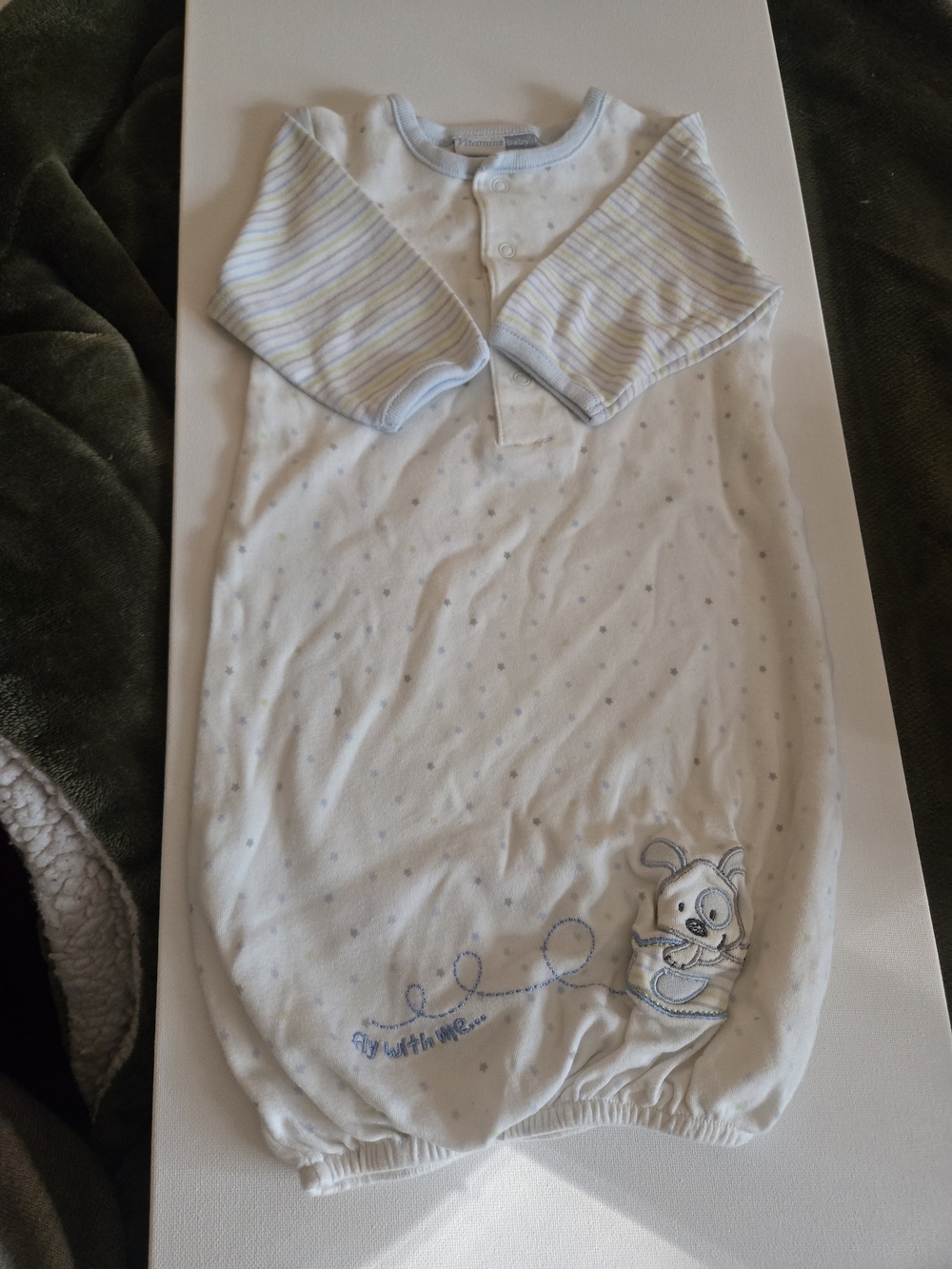 Vitamins Baby White Sleep Sack with Light Blue Accents and Mouse Embroidery